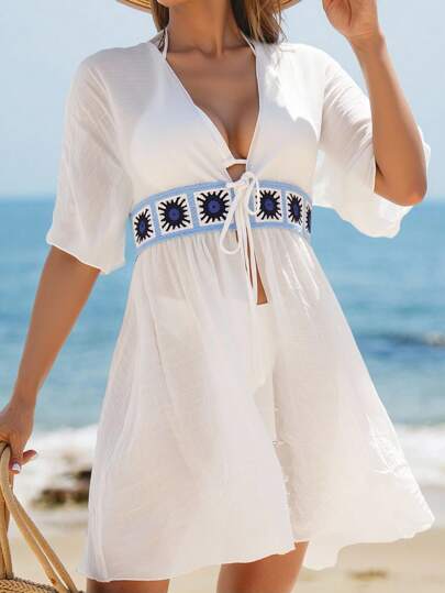 Swim Lushoire 女式波西米亚蓝色钩针蕾丝拼接系带和服罩衫，适合春季、夏季、海滩、派对的休闲连衣裙