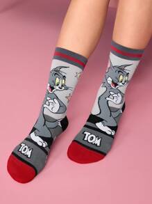 TOM & JERRY X SHEIN 2 双柔软透气吸湿排汗休闲情侣中筒袜，卡通条纹图案，时尚可爱，灰色和粉色中筒袜，加固脚趾和脚跟，经久耐用，男女通用，四季百搭 - 彩色 - 查看 7