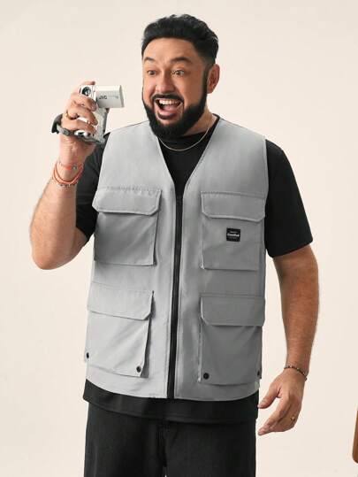 EASEVO 男士加大码编织登山背心，无袖开襟背心，适合登山和户外活动，纯色时尚外出加大码字母工装背心，适合秋冬