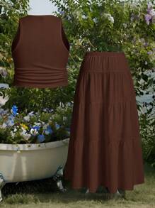 SHEIN EZwear 巧克力棕色无袖超长连衣裙套装，加大码 - 巧克力棕 - 查看 3