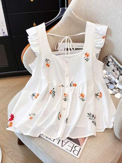 Regalyn Blusa de gasa estampada con mangas cortas para mujer talla grande, camiseta casual de apertura frontal para vacaciones, versátil para primavera y verano