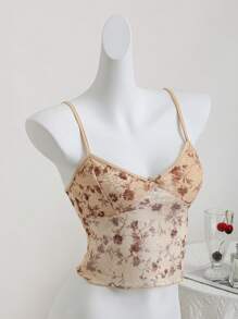 SHEIN Unity Áo thun nữ in họa tiết hoa ren - Màu Khaki - Xem 3