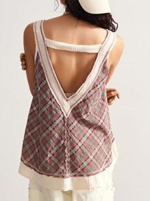 Bohemela Casual Woven Plaid V-Neck Loose Women Top