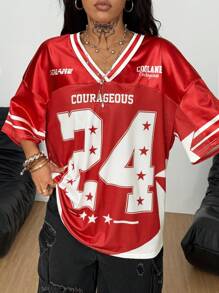 Coolane 女士春夏节日外出复古 Y2K 数字图案棒球服黑色球衣 - 紅色 - 查看 1