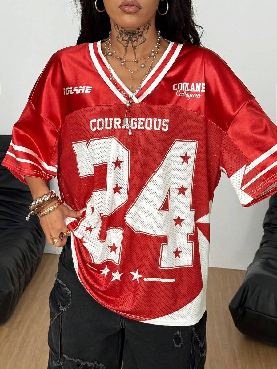 Coolane 女士春夏节日外出复古 Y2K 数字图案棒球服黑色球衣 - 紅色 - 查看 1
