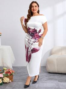 SHEIN Clasi Plus Size Women Elegant And Romantic 3D Flower Decoration On Shoulders, One-Shoulder Satin Floral Bodycon Fitted Elegant Dress,Wedding Guest Dress Women,Summer,Satin Dress,Suitable For Summer