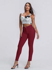 SHEIN SXY 纯色紧身纽扣门襟休闲百搭牛仔裤酒红色裤子女士红色裤子女式裤子高腰裤高腰裤 - 酒紅色 - 查看 4