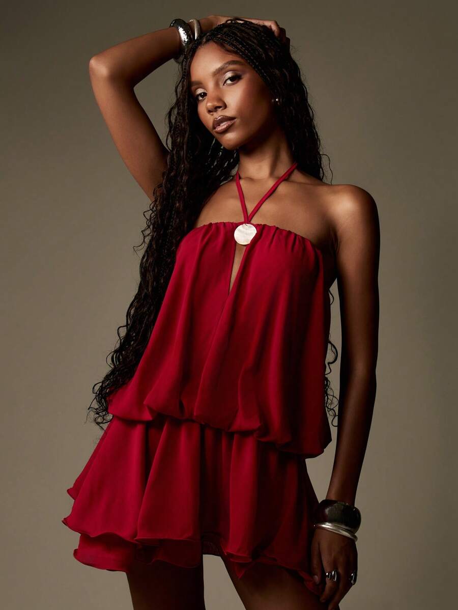 MISSGUIDED Đầm dự tiệc ngắn cổ yếm xếp tầng bằng chiffon, kiểu dáng thướt tha, thích hợp cho buổi tối mùa hè, dự tiệc cưới, dự lễ hội, không tay. - Màu Đỏ Sâu - Xem 1