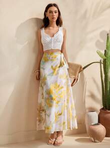 Uhlyne Falda casual de vacaciones con estampado floral y nudo