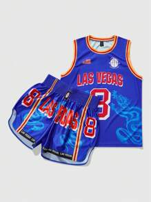 ROMWE MEN Prep Bộ đồ thể thao nam họa tiết rồng theo phong cách anime gồm áo và quần đùi. - Màu xanh lam - Xem 3