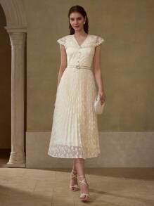 MOTF PREMIUM 优雅修身蕾丝拼接百褶连衣裙 - 杏色 - 查看 3