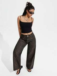 SHEIN PETITE 女式豹纹口袋宽松喇叭腿休闲百搭牛仔裤 - 彩色 - 查看 3