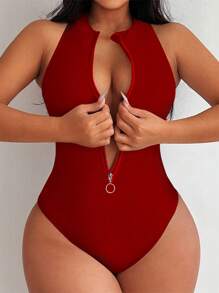 Swim SXY 女式纯色露背无袖性感连体泳衣 - 酒紅色 - 查看 1