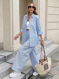 Siren Gaze Winter Set Women Clothes Women Blouses Women's Solid Color Single-Breasted Roll-Up Sleeve Shirt And Wide-Leg Pants Fall Women Outfits Winter Women Sets Winter Two Pieces Sets Long Sleeve Set