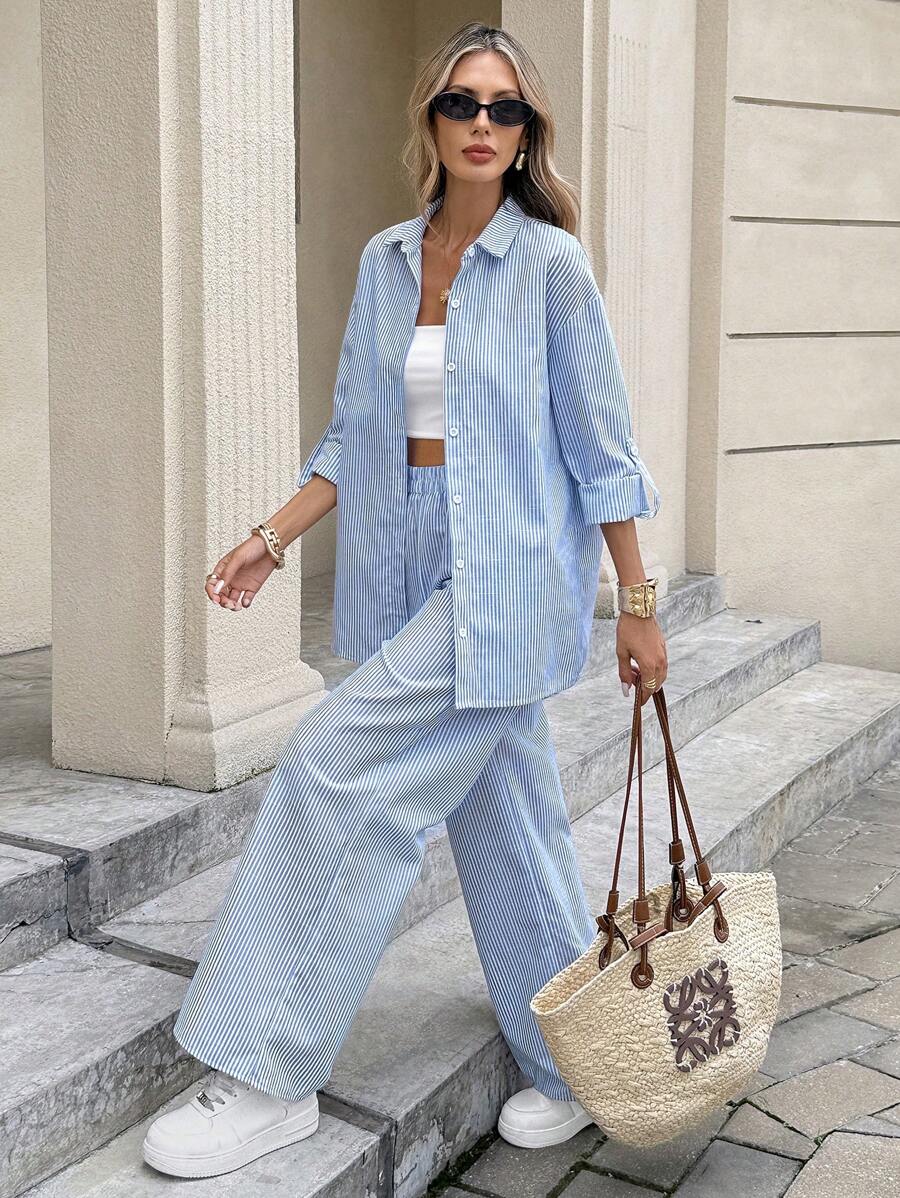 Serisse Winter Set Women Clothes Women Blouses Women's Solid Color Single-Breasted Roll-Up Sleeve Shirt And Wide-Leg Pants Fall Women Outfits Winter Women Sets Winter Two Pieces Sets Long Sleeve Set Casual Spring