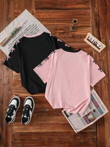 Set de 2 camisetas para adolescentes, camiseta suelta con estampado de números y letras, adecuada para deportes, actividades al aire libre, uso casual, esencial de verano