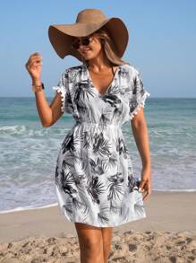 Swim Lushoire Vestido corto de pareo con estampado de plantas tropicales y mangas tipo murciélago para mujer, para vacaciones - Blanco y Negro - Ver 7