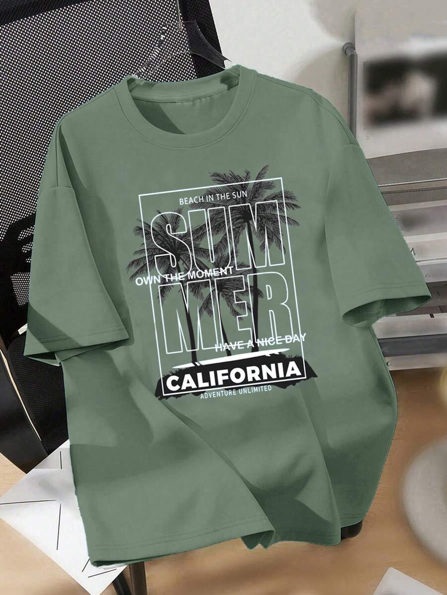SHEIN Camiseta de manga corta y cuello redondo minimalista informal para adolescentes, apta para el verano - Verde militar - Ver 1