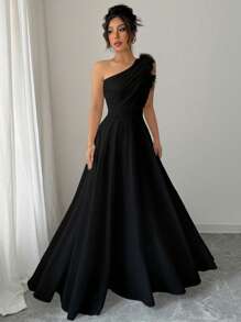 Modelyn French Retro Mori Style Ultra Chic Asymmetric Neckline Sleeveless Formal Black Dress - Black - View 6