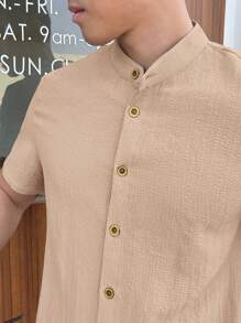 SWAVVY 男士休闲立领长袖梭织衬衫 - 駝色 - 查看 4