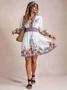 SHEIN VCAY 加大码花卉复古印花灯笼袖连衣裙，假日风格波西米亚风连衣裙，度假太阳裙，复古 - 白色 - 查看 6