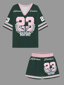 Slaydiva 2 pièces/set T-shirt à manches courtes et short décontractés pour femmes, avec impression du numéro 23 et de pigeon, convient pour l'été - Multicolore - Voir 4