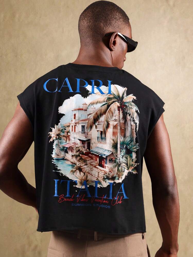 SUMWON Beach Vibes Italian Riviera Capri Vacation Tank Top With Mediterranean Coastal Print Sleeveless Summer Resort Wear