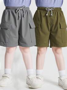 2 Piezas Niño Pantalones cortos cargo sueltos de malla tejida de color simple y versátil, Compre uno y llévese otro gratis, Adecuado para la temporada de primavera y verano - Multicolor - Ver 1