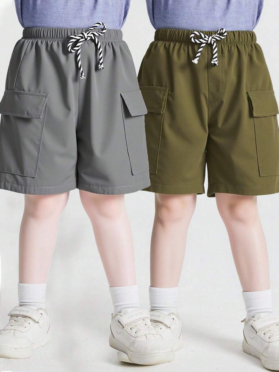 2 Piezas Niño Pantalones cortos cargo sueltos de malla tejida de color simple y versátil, Compre uno y llévese otro gratis, Adecuado para la temporada de primavera y verano - Multicolor - Ver 1