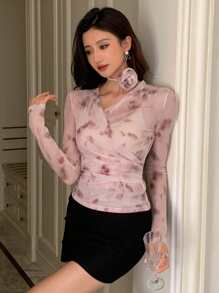 DAZY 女士花卉 3D V 领网眼长袖衬衫，适合派对、情人节 - 粉色 - 查看 7