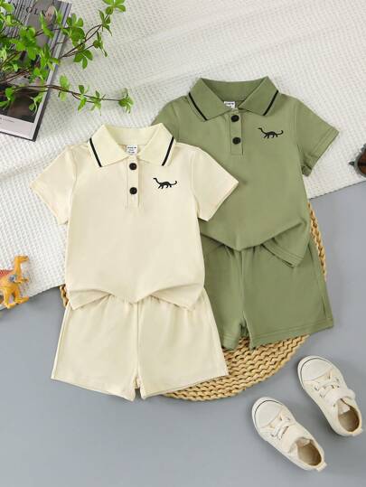 SHEIN Genkimix Kids 2025新款夏季2件套新生儿宝宝POLO衫短袖时尚婴儿服装翻领T恤4件套男宝宝夏季套装男宝宝套装男宝宝夏季套装男宝宝服装婴儿休闲套装