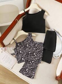 4pcs/Set Young Girl' Vacation Casual Leopard Print Match Solid Color Vest & Wide Leg Pants Outfit