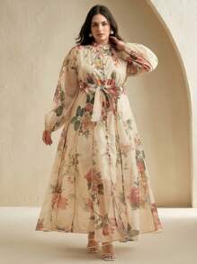 Anewsta Plus Size Boho Floral Print Long Dress With Extra Long Sleeves And Stand Collar - Apricot - View 6