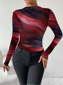 Chiquease 扎染印花不对称肩部荷叶边长袖T恤，新年女装，春秋季上衣 - 紅色 - 查看 3