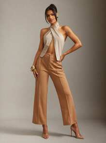 Hauture Old Money Sexy Business Casual Cross Halter Neck Backless Tank Top For Women – Elegant Buckle And Tie Detail Blouse, Minimalist Office Sleeveless Top, Chic Formal Open Back Waistcoat