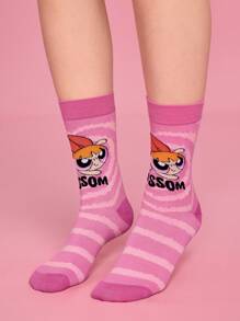 THE POWERPUFF GIRLS X SHEIN 3双柔软透气吸湿休闲女士船袜，花朵、泡泡、毛茛图案，时尚可爱，色彩缤纷，加固袜头和袜跟，经久耐穿，四季皆宜，百搭，Y 2 K，情人节礼物 - 彩色 - 查看 9