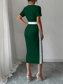 Elenzga Color Block Form-Fitting Square Neck Elegant Short Sleeve Women Dress