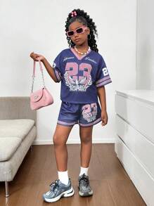 SHIEN Tween Girls 2 chiếc/Bộ Áo thun rộng cổ chữ V in hình cành ô liu tối giản giản dị và quần short Jersey, Bộ đồ thể thao mùa hè - Màu tím - Xem 9