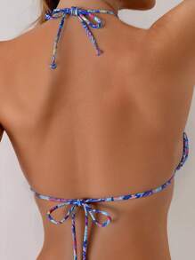 Swim SXY 女士随机热带植物印花露背性感三角比基尼上衣，海滩度假 - 彩色 - 查看 2