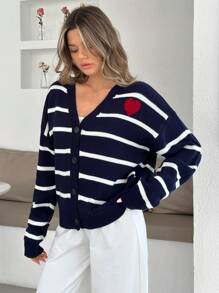 EURMUSE Nautical Romance Striped Knit Cardigan – Navy Blue V-Neck With Classic White Stripes And Red Heart Accent For A Playful Chic Look,Long Cardigans Woman,Petite Cardigans,Cardigans - Navy Blue - View 5
