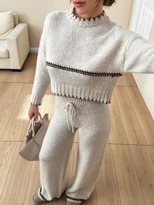 EURMUSE 女士撞色边饰优质拉绒纱舒适保暖毛衣和毛衣裤两件套 - 米色 - 查看 6