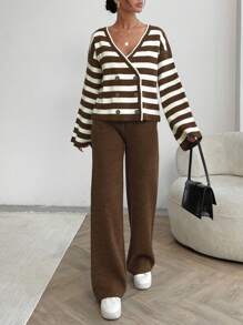 EURMUSE Women Stripe Pattern Front Button V-Neck Drop Shoulder Cardigan & Sweater Pants Set - Brown - View 3
