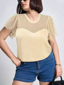 Chikora Plus Size Music Festival Women Loose Fit Round Neck Mesh Contrast Ruffle Short Sleeve Top For Summer,Office - Apricot - View 3