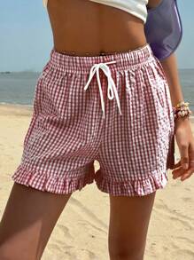 Jouncy 女式格子印花荷叶边下摆抽绳腰休闲短裤 - 彩色 - 查看 3