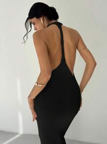 Firerie 波西米亚风女式露背修身奶油色纯色针织毛衣裙，优雅性感度假太阳裙