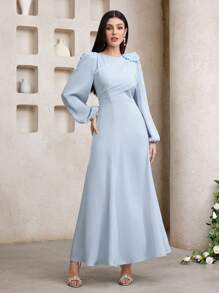 Veilorie Women's Elegant Solid Color 3D Floral Decoration Dress - Blue - View 4