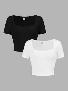 SHEIN Girlism Camiseta de manga corta ajustada y acortada de 2 colores negro y blanco sólido para niñas preadolescentes - Multicolor - Ver 1