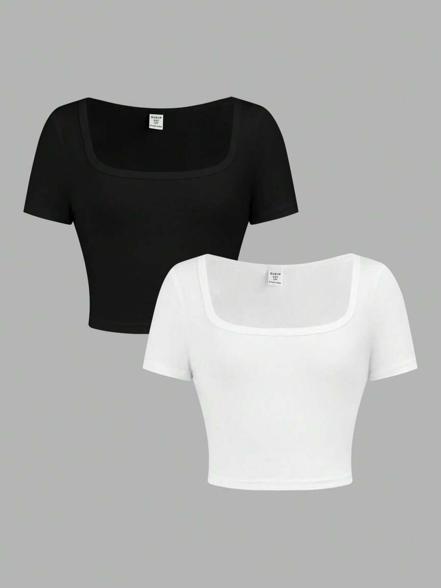 SHEIN Girlism Camiseta de manga corta ajustada y acortada de 2 colores negro y blanco sólido para niñas preadolescentes - Multicolor - Ver 1