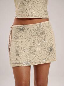 SHEIN BAE Women's Sequin Shimmering Apricot Woven Fabric Mini Skirt With Zipper Detail - Apricot - View 6