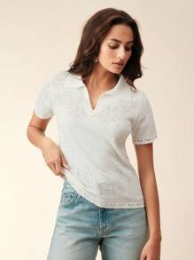 Anewsta Elegant & Dignified V-Neck Floral Hollow-Out Embroidery Knitted T-Shirt Blouse, Spring & Summer - White - View 3